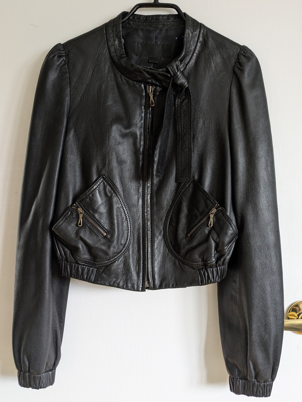 Jill Stuart Black Lambskin Leather Zip Jacket with Removable Tie Bow
